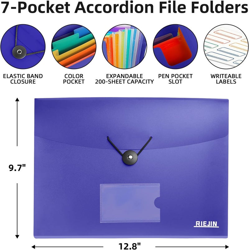 RIEJIN Accordian File Organizer 7 Pocket Expanding File Folder with Labels, Plastic Expandable File Folder for Documents Letter Size A4 Papers - Blue - Image 3